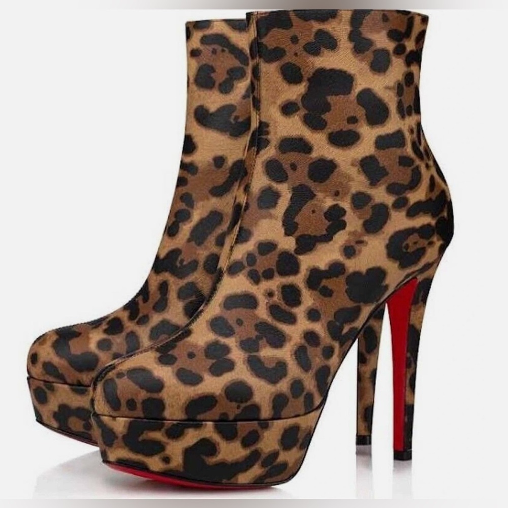 ❤️❤️Christian Louboutin BIANCA BOOTY 120 Leo Leopard Platform Ankle Boots Heel
